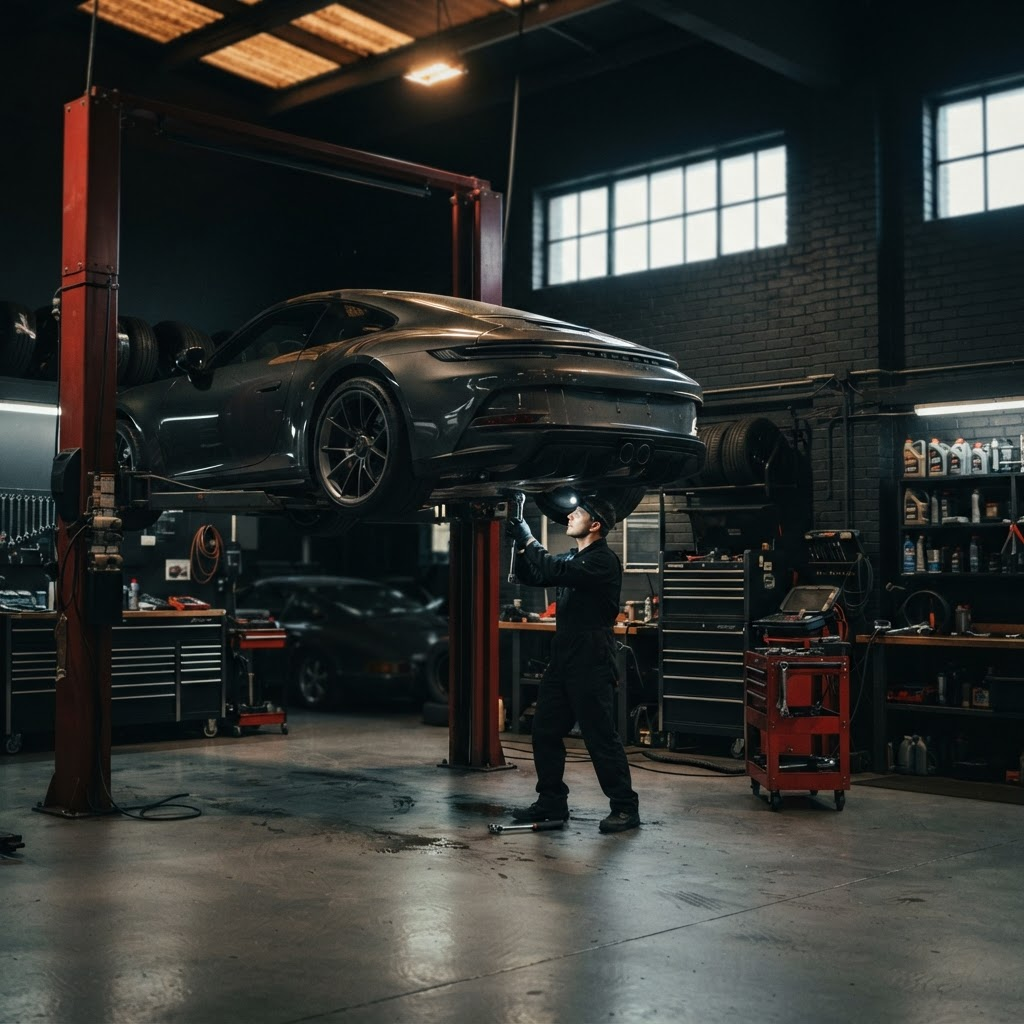 Sports car raised on a ramp being serviced at the Madhouse Motor Company workshop in Bracknell