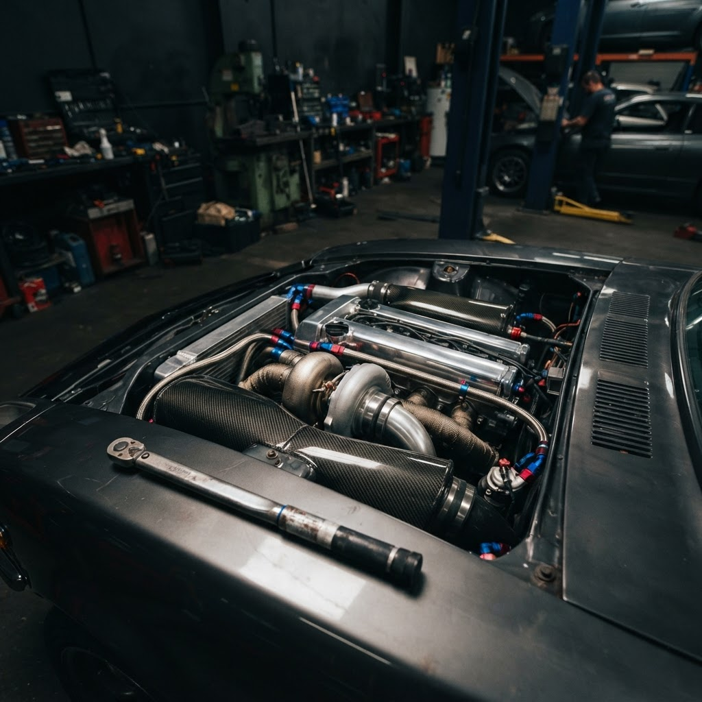Performance car build in progress in the workshop