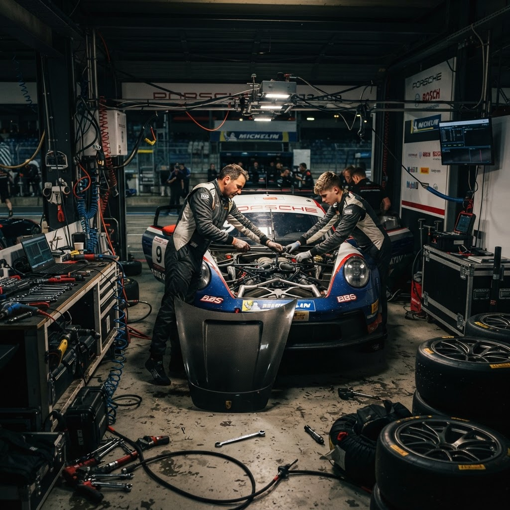 Race car being prepared in the pit garage
