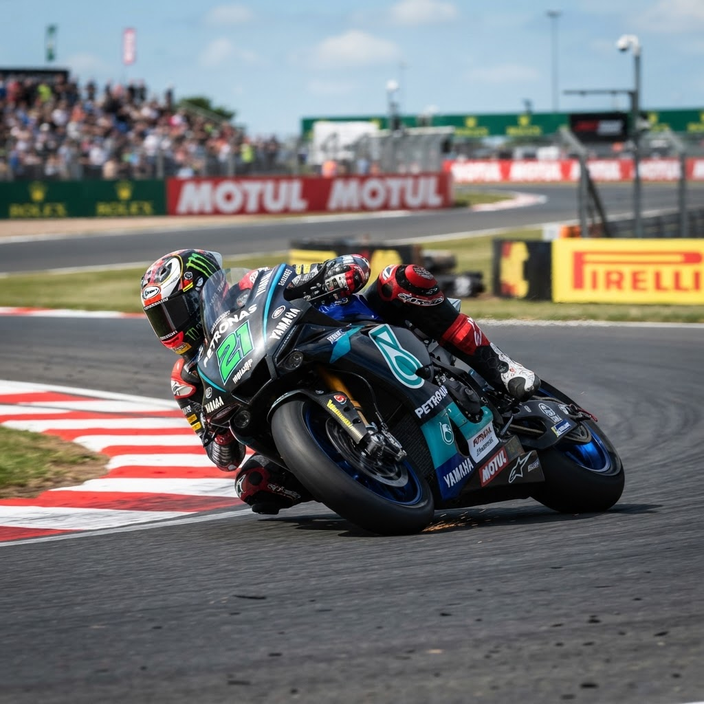 Superbike leaning into a corner on track