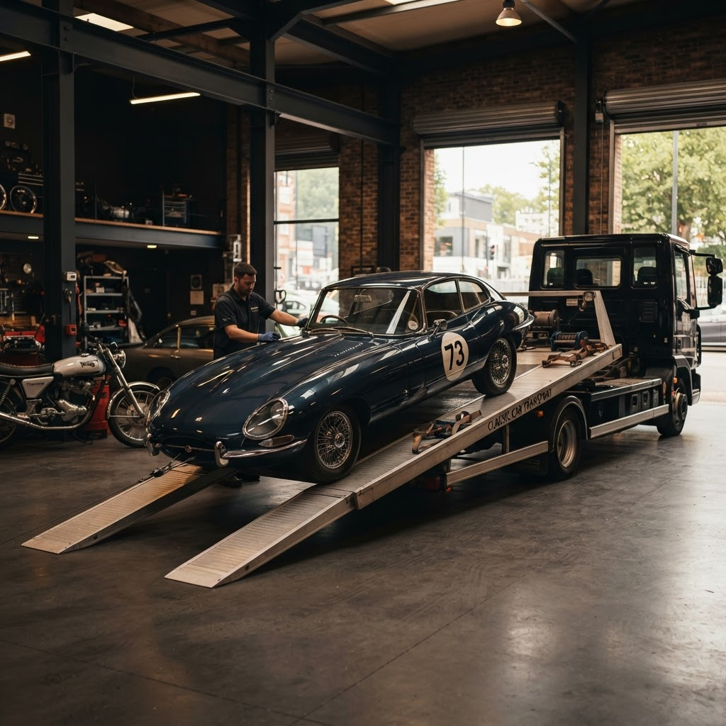 Classic sports car being winched onto a transporter at the Madhouse workshop