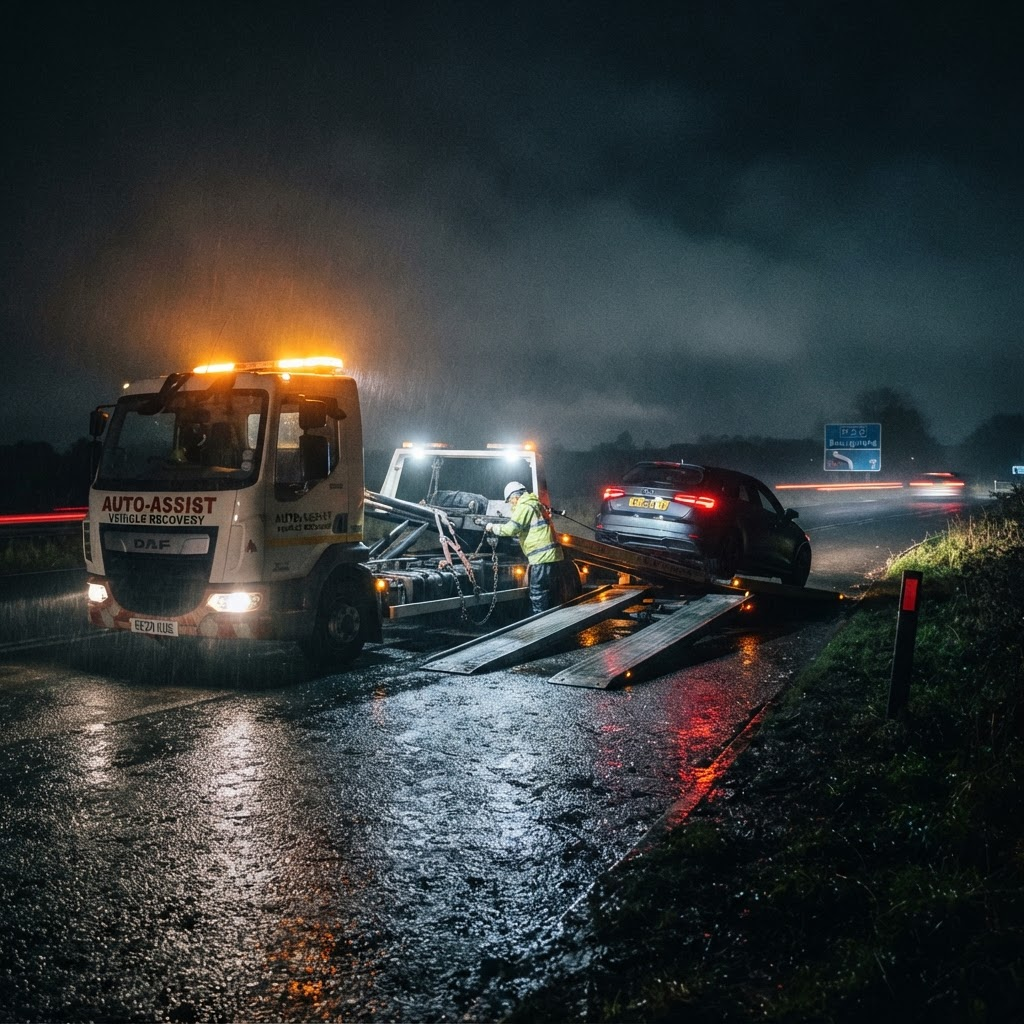 Recovery truck loading a car at night on a UK roadside