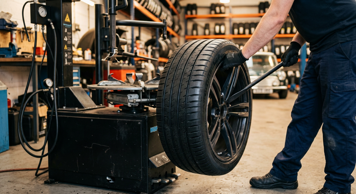 New tyre being fitted to an alloy wheel on a tyre machine